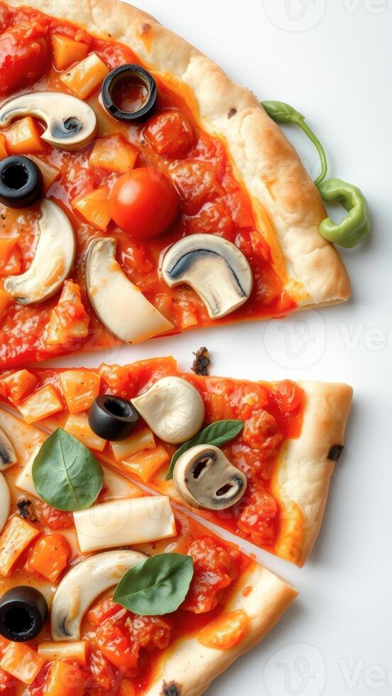 Closeup of Delicious Pizza with Mushrooms, Tomatoes and Olives photo