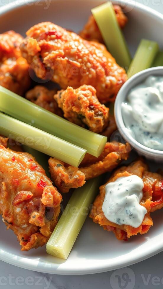 Spicy Chicken Wings with Celery Sticks and Ranch Dressing photo