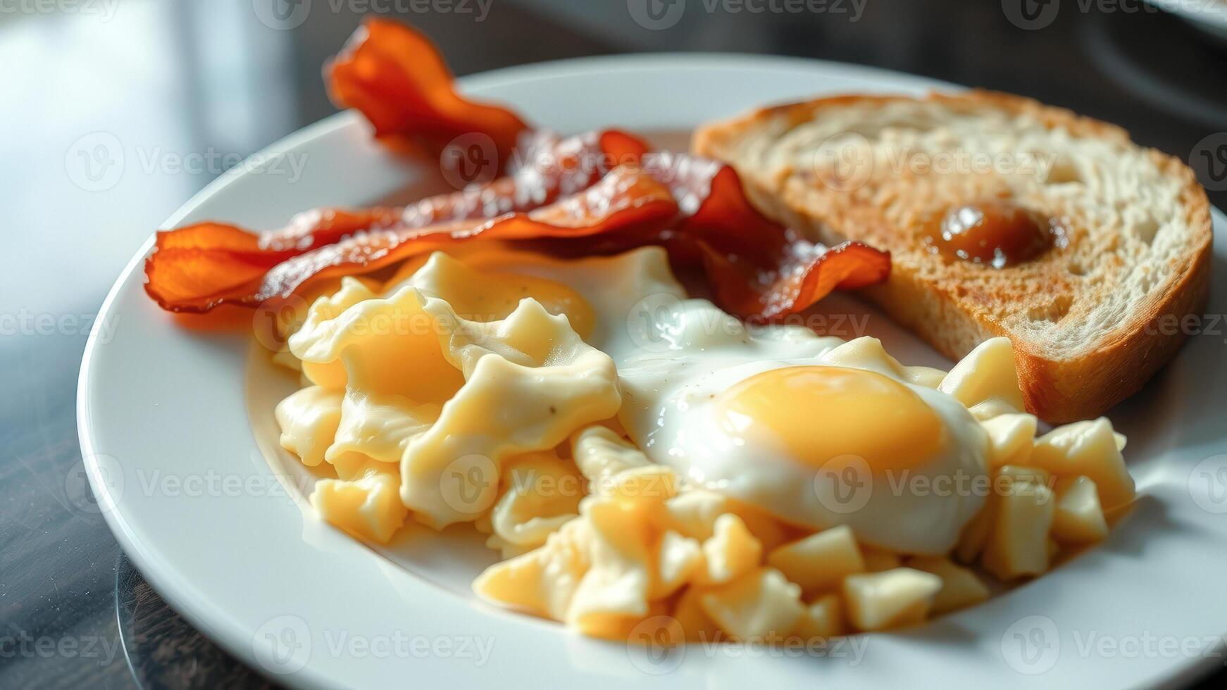 Close-up of a breakfast plate with bacon, eggs, toast and hash browns photo