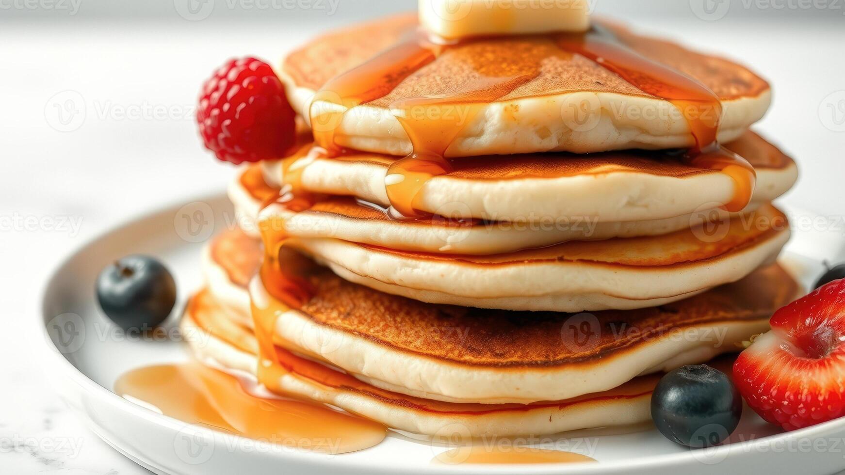 Stack of Pancakes with Syrup, Berries, and Butter photo