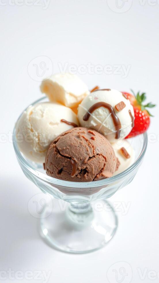 Close Up of Ice Cream in a Glass Bowl with Strawberry photo