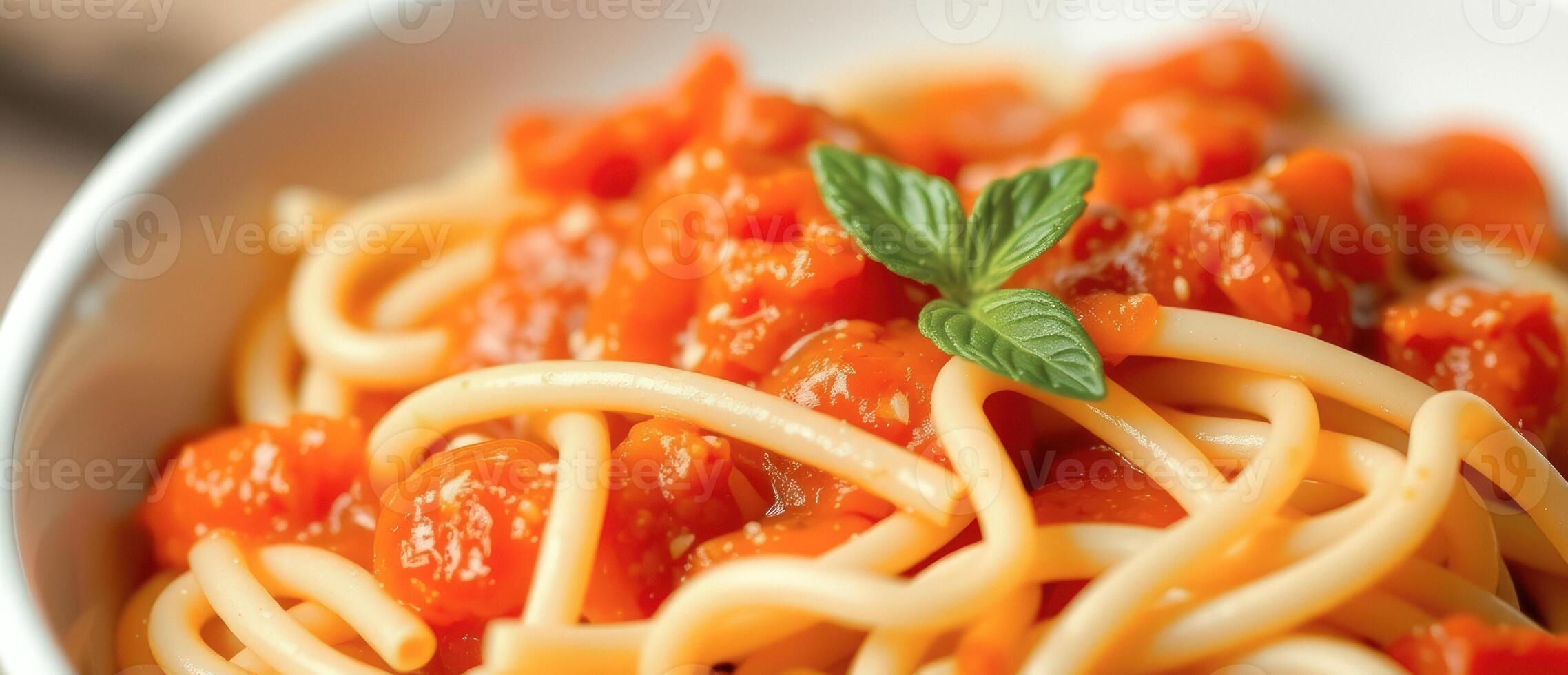 Close Up of Spaghetti with Tomato Sauce and Basil photo