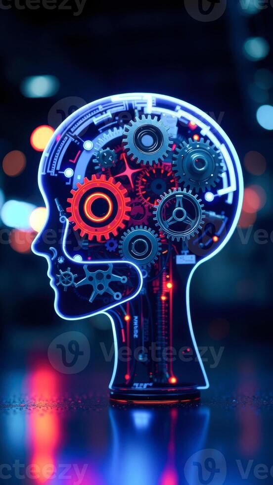 Glowing Neon Human Head with Gears Inside - AI, Machine Learning and Technology Concept photo
