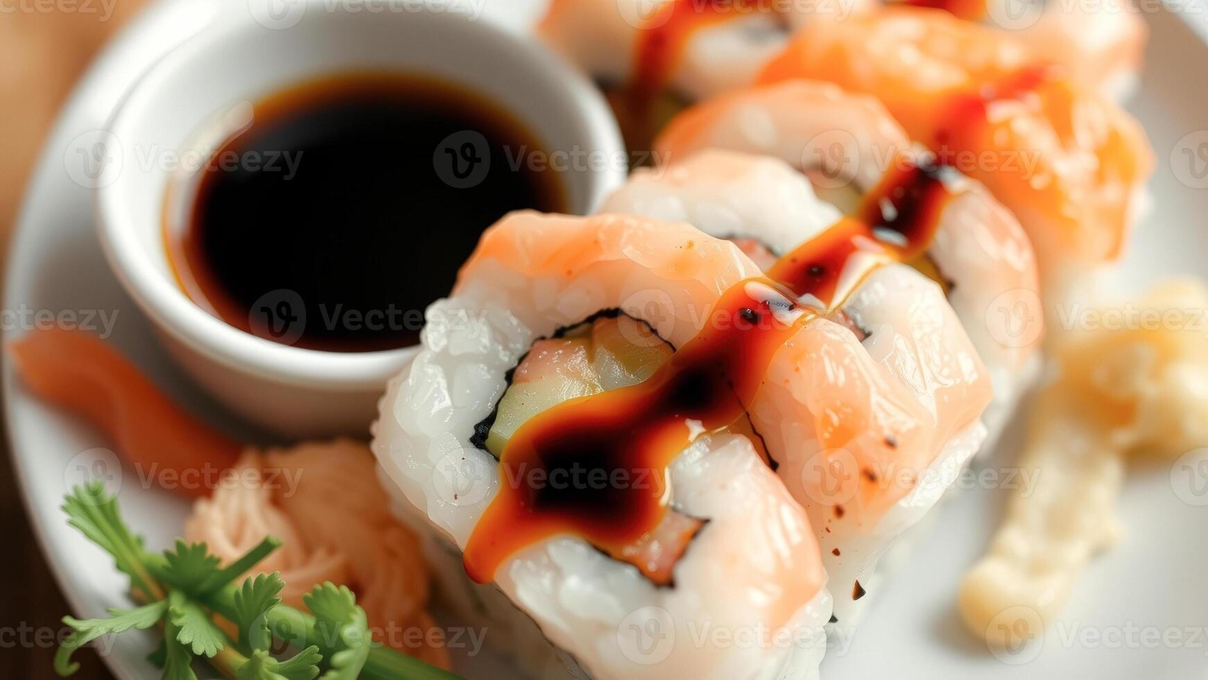 Close-up of Delicious Sushi Rolls with Soy Sauce photo