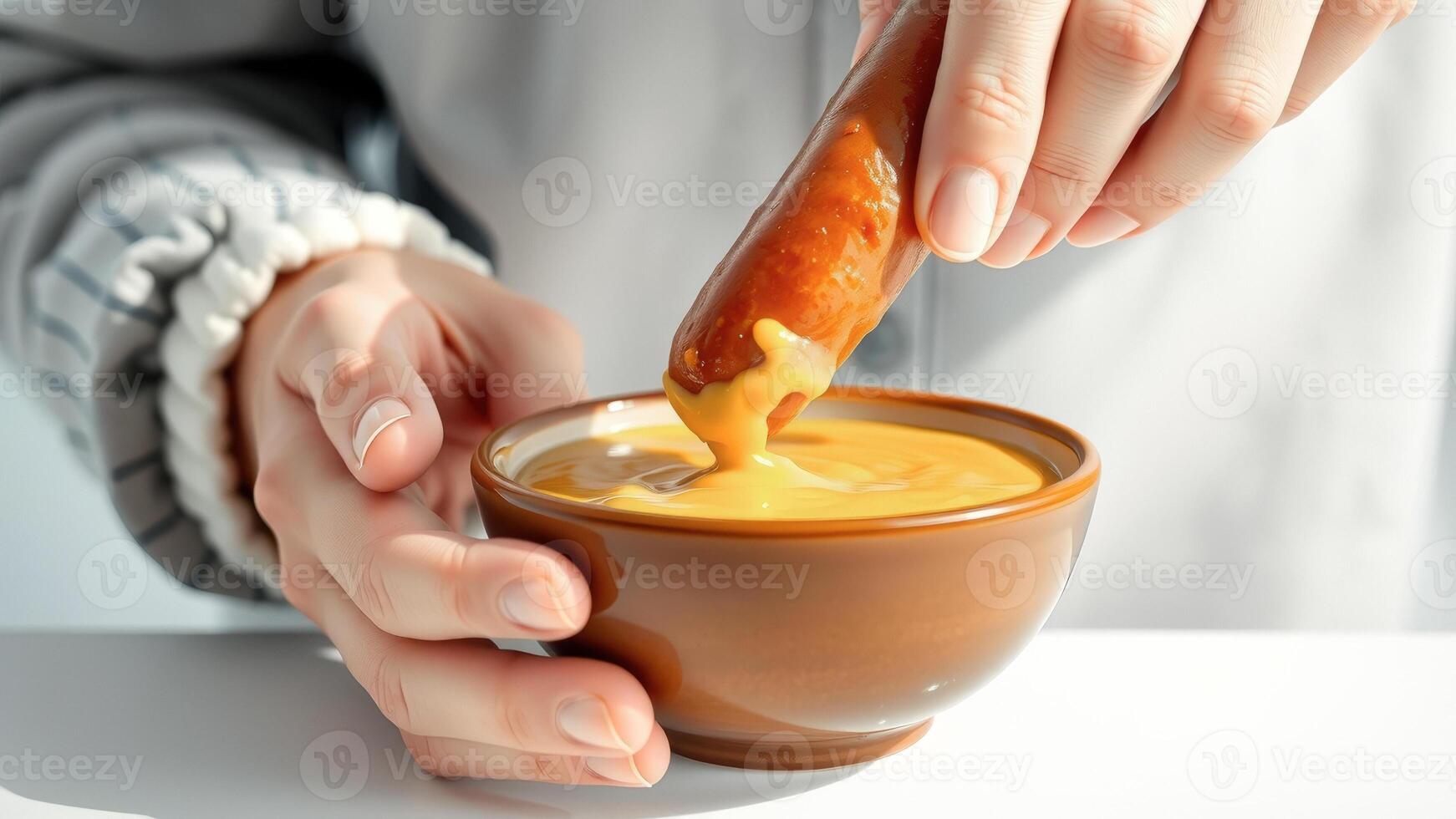 Close-up of a hand dipping a sausage into a bowl of mustard photo