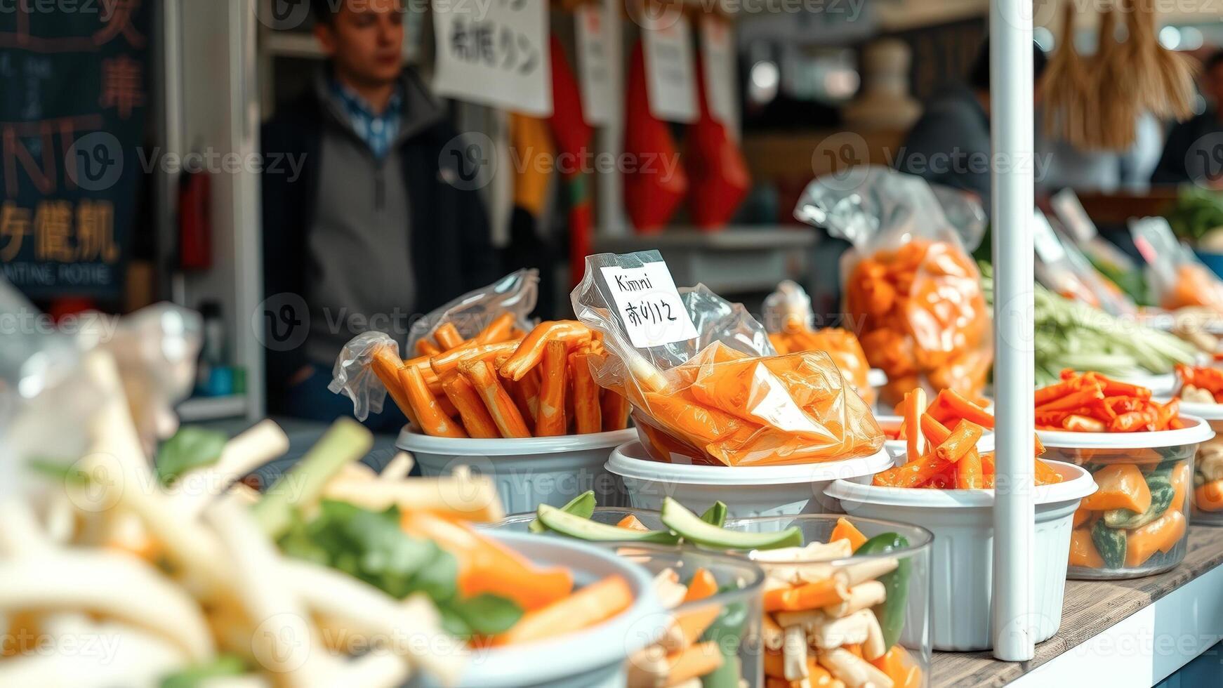 Closeup of Orange and Green Vegetables in Bowls at a Market photo