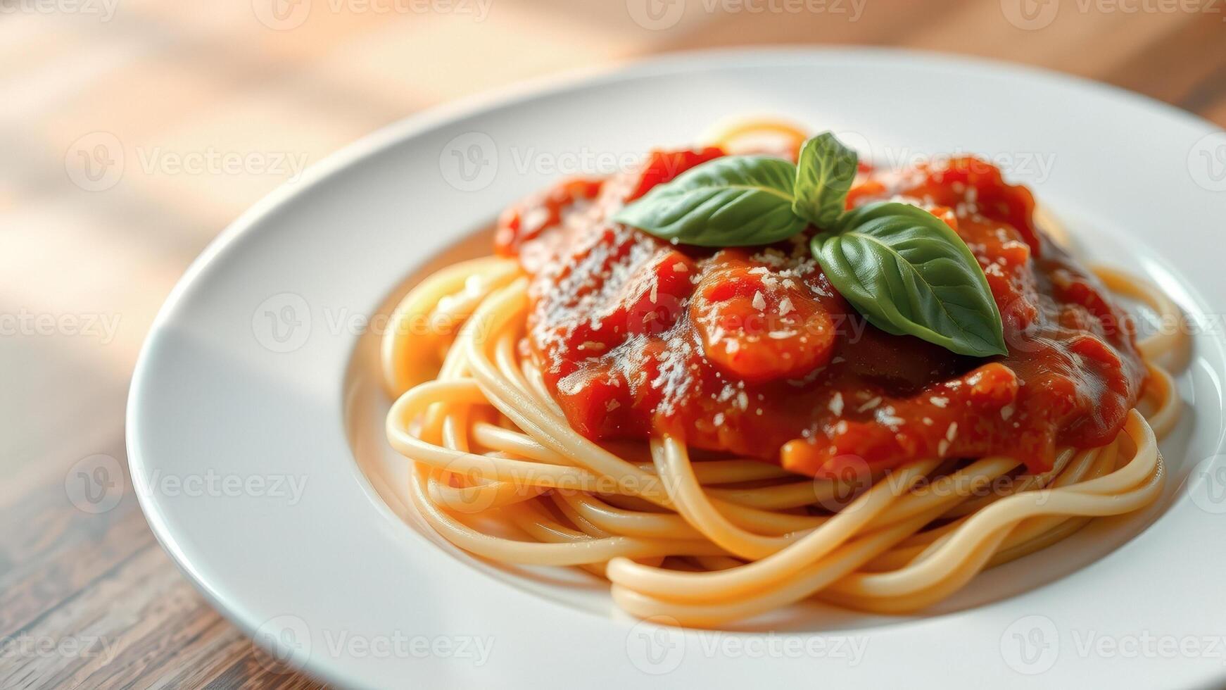 Close-up of spaghetti with tomato sauce and basil photo