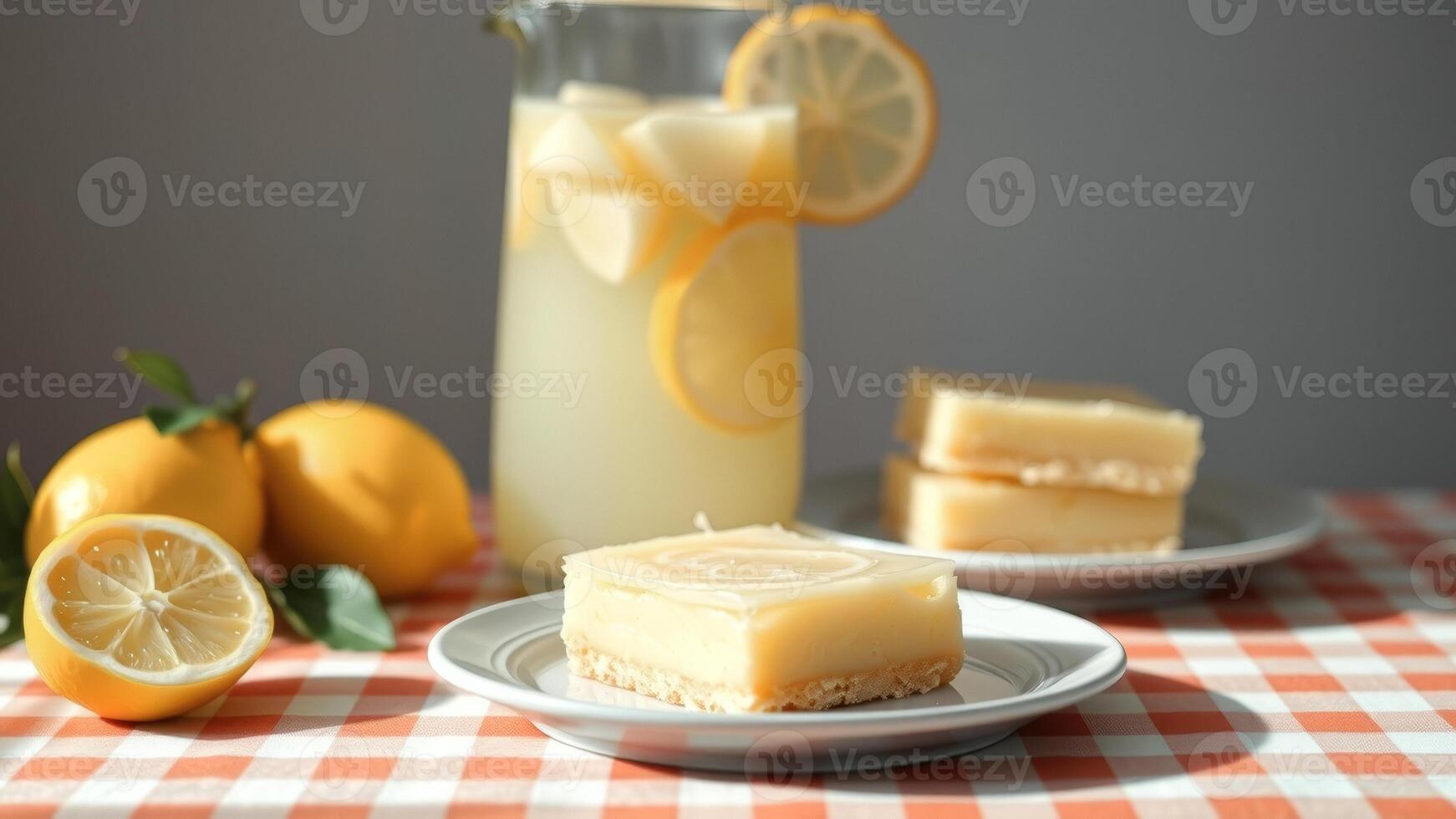 Lemon bars on a checkered tablecloth with a pitcher of lemonade in the background photo