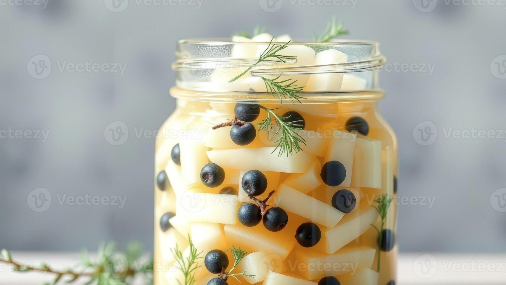Pickled Pear with Black Currant in Glass Jar photo