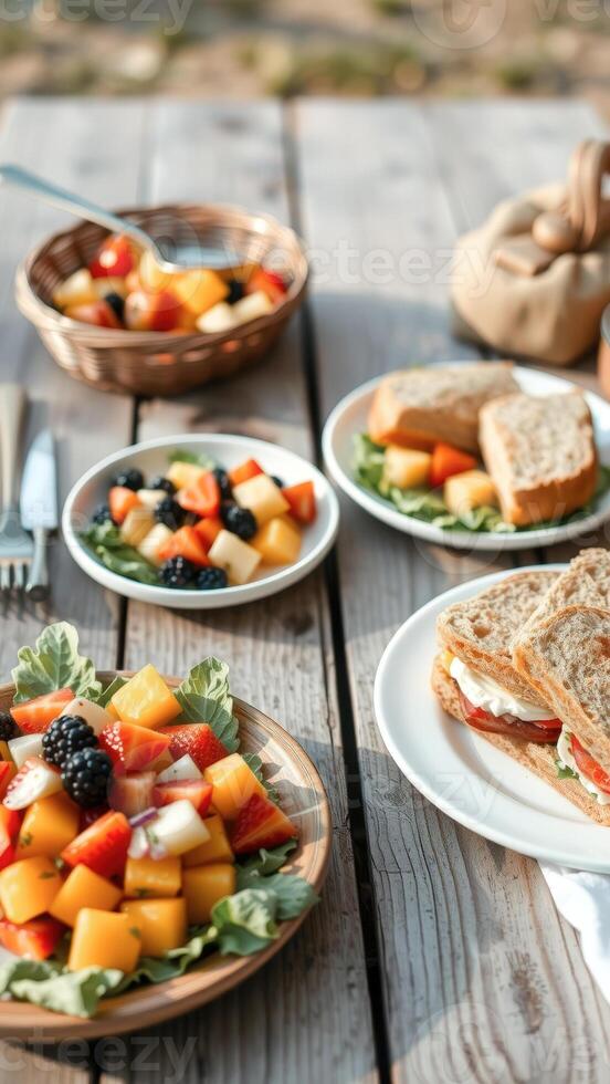 Fresh Fruit Salad and Sandwiches on a Wooden Table photo