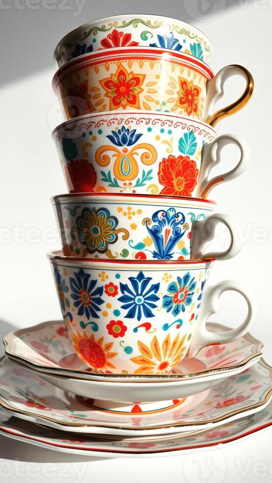 Stacked Teacups and Saucers with Floral Patterns photo
