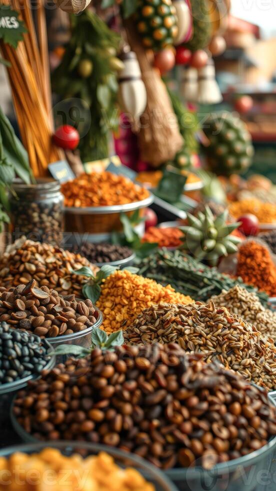 Closeup of Assorted Nuts and Seeds in a Market Stall photo