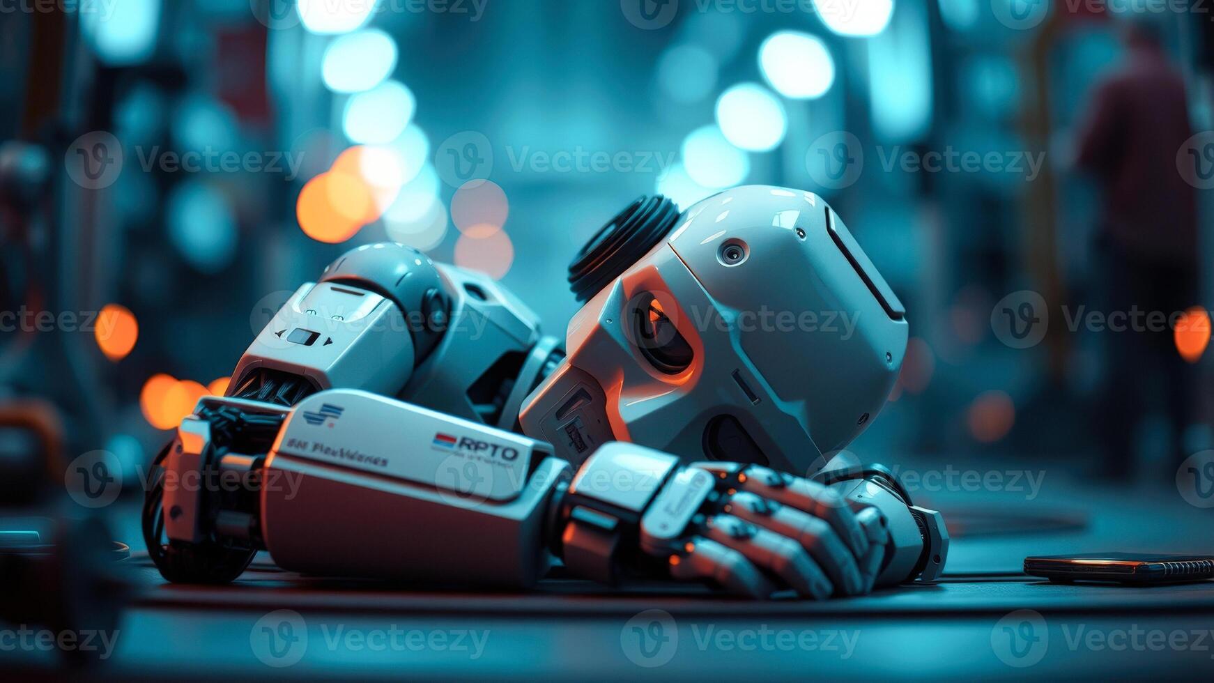 Futuristic Robot Lying Down in a Blue and Orange Light photo