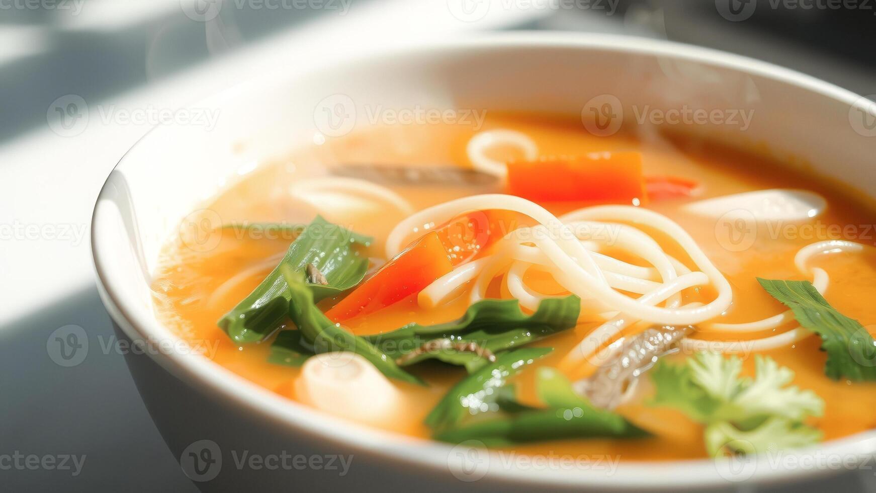 Close up of a steaming bowl of soup with noodles and vegetables photo