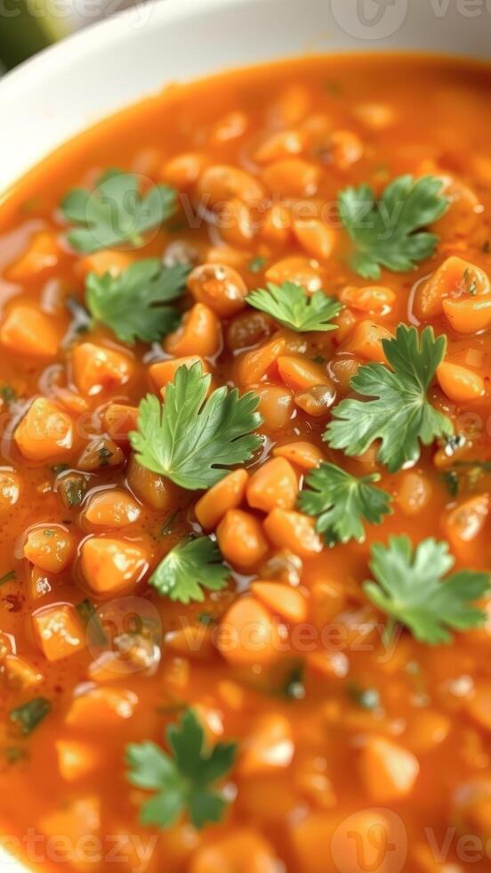 Close-up of a bowl of lentil soup with parsley garnish photo