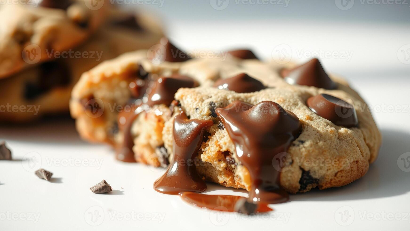 Close up of a chocolate chip cookie with melted chocolate photo