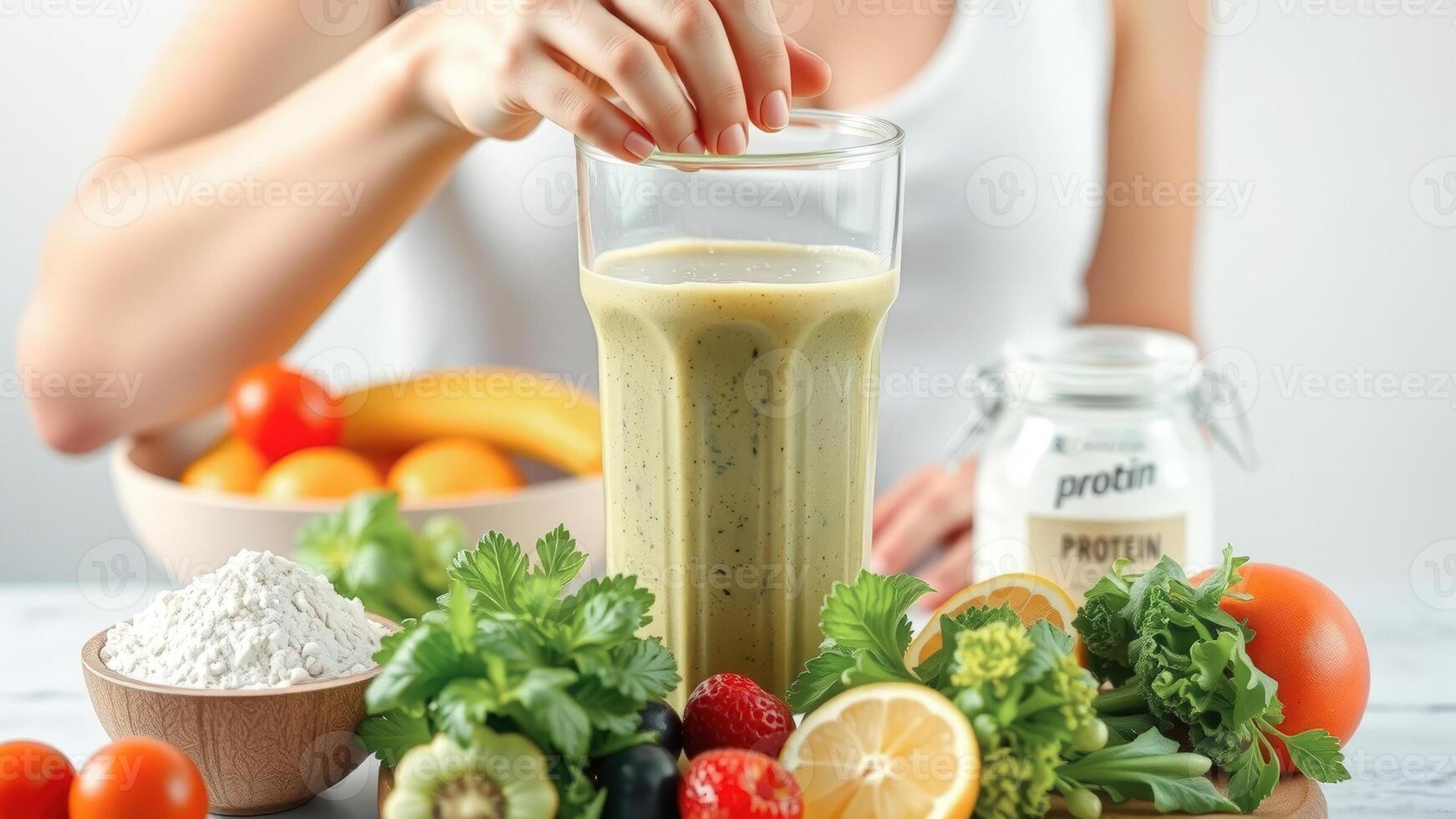 Woman Making a Healthy Green Smoothie photo