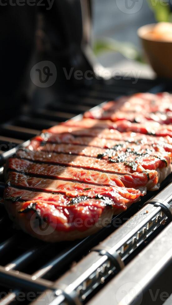 Close-up of grilled steak on a grill photo