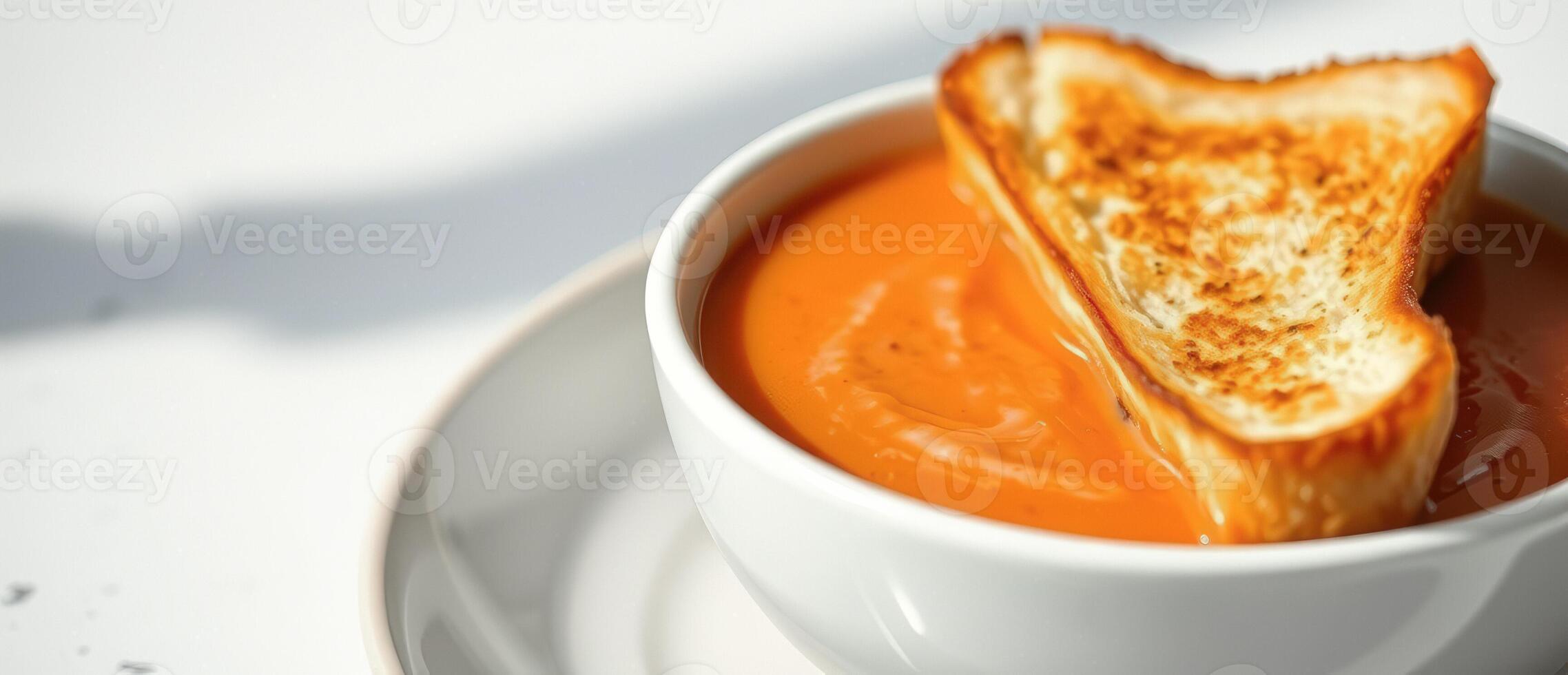 Close-up of Tomato Soup with Grilled Cheese Crouton photo