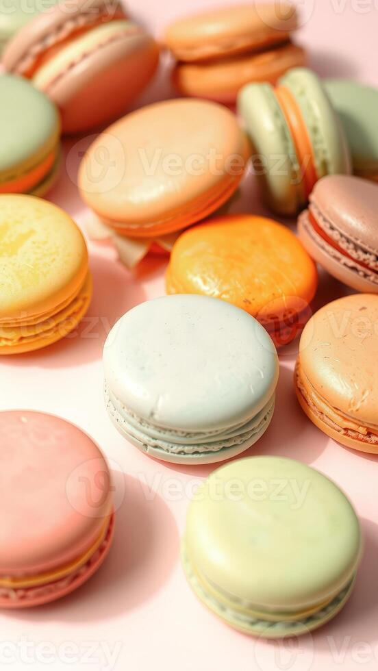 Colorful Macarons on Pink Background photo