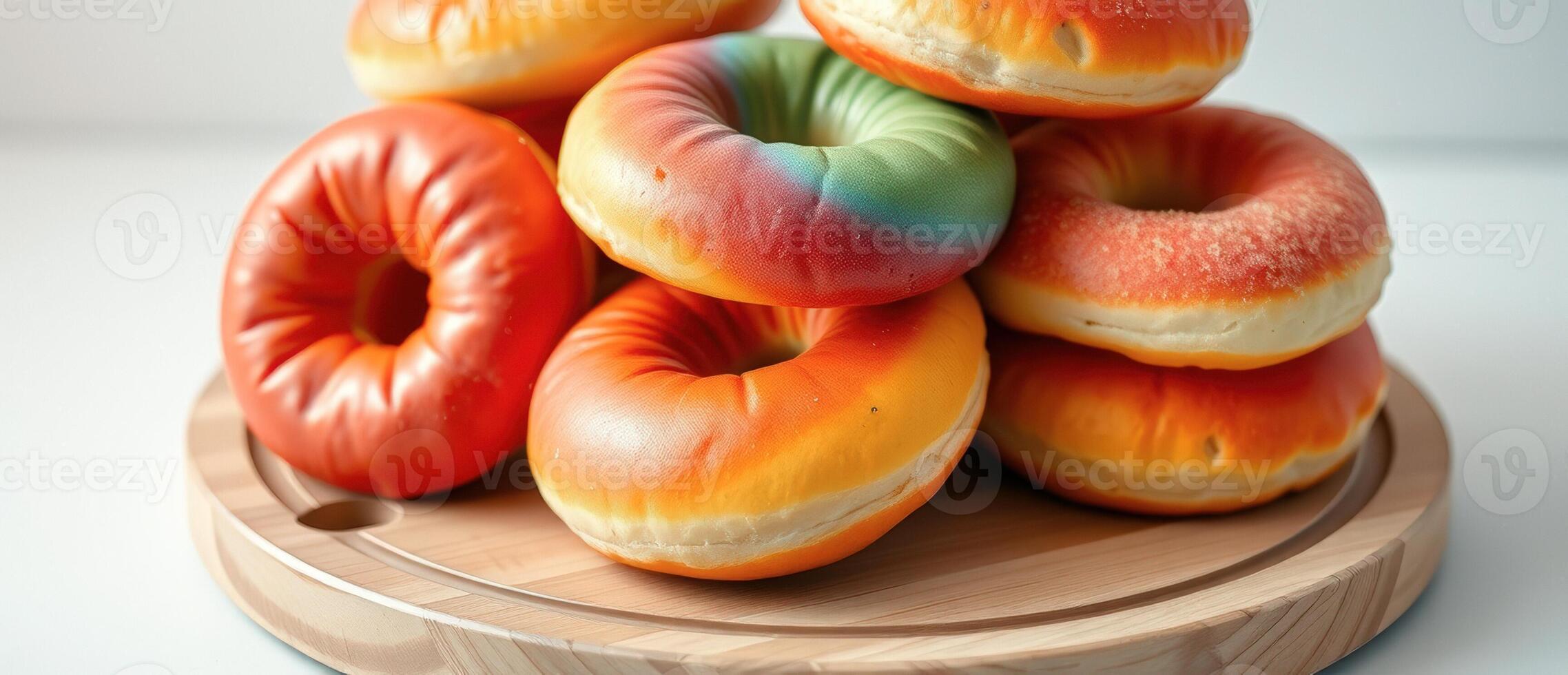 Stack of Colorful Bagels on Wooden Board photo