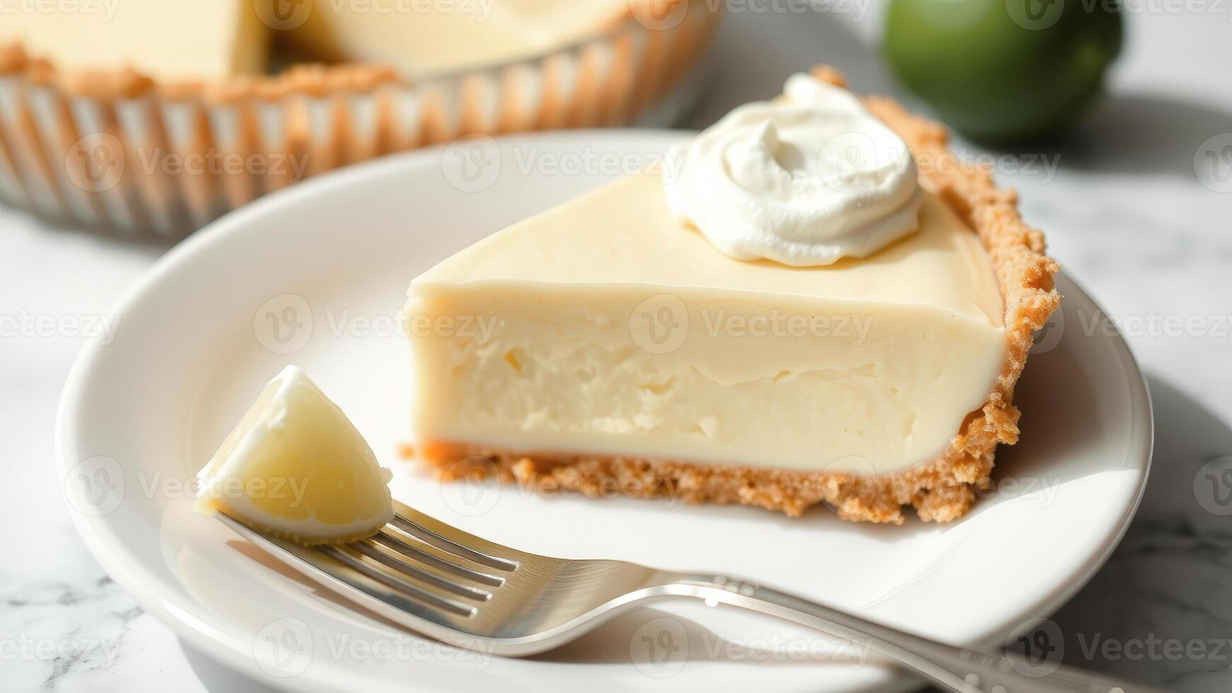 Key Lime Pie Slice on White Plate with Fork and Lime photo