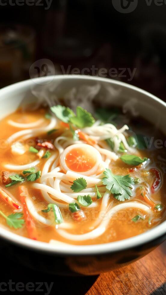 Bowl of Asian Noodle Soup with Egg photo