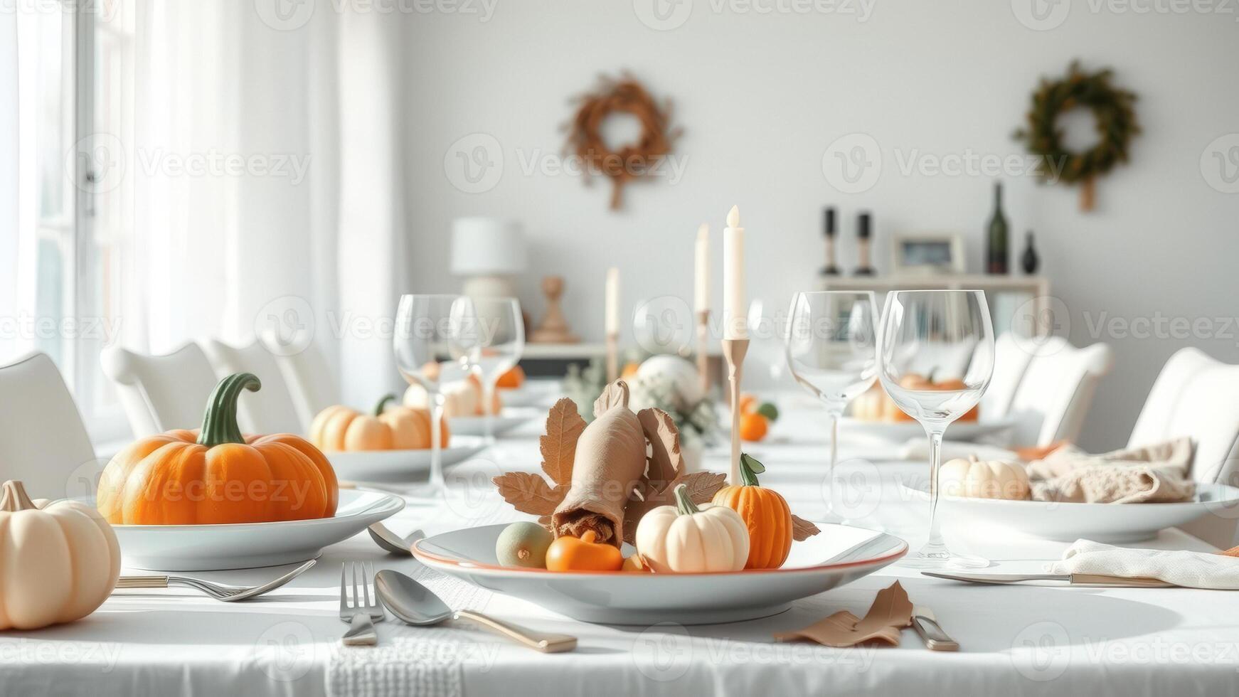 acción de gracias mesa ajuste con calabazas y velas foto