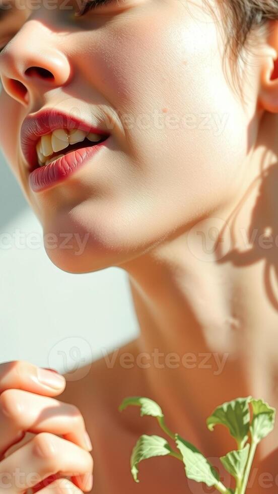 Close Up Of A Woman's Face With Natural Makeup And Red Lips photo