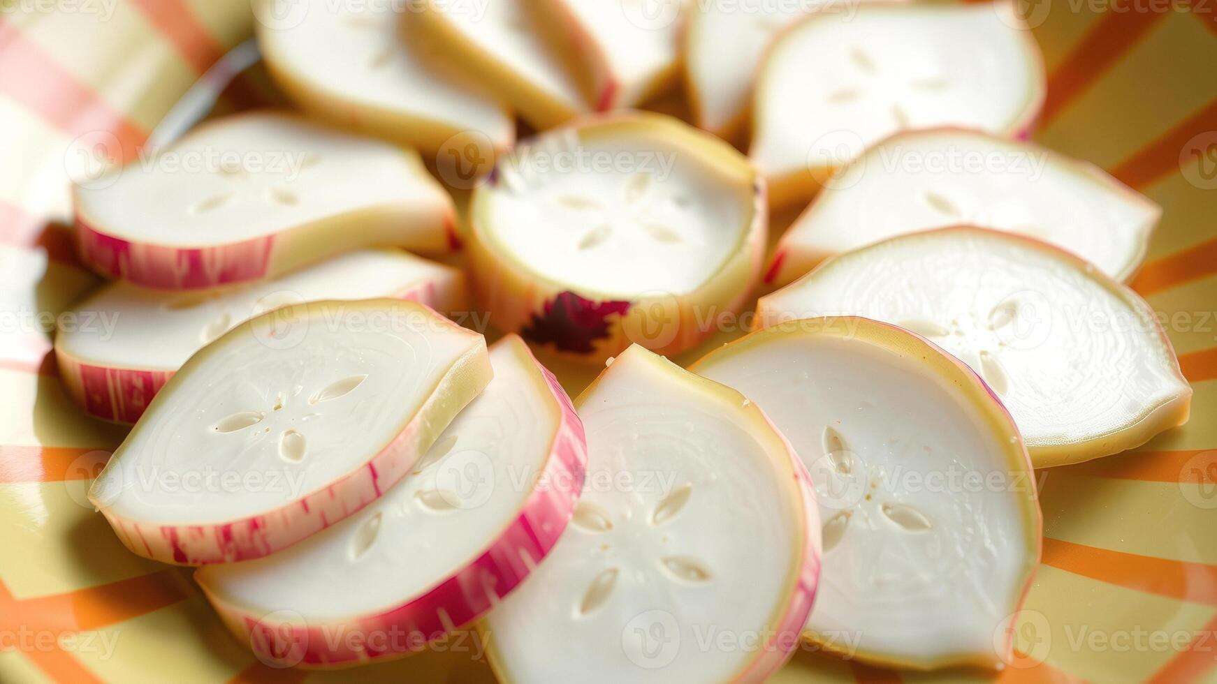 Close-up of Sliced Red Onion on a Striped Plate photo
