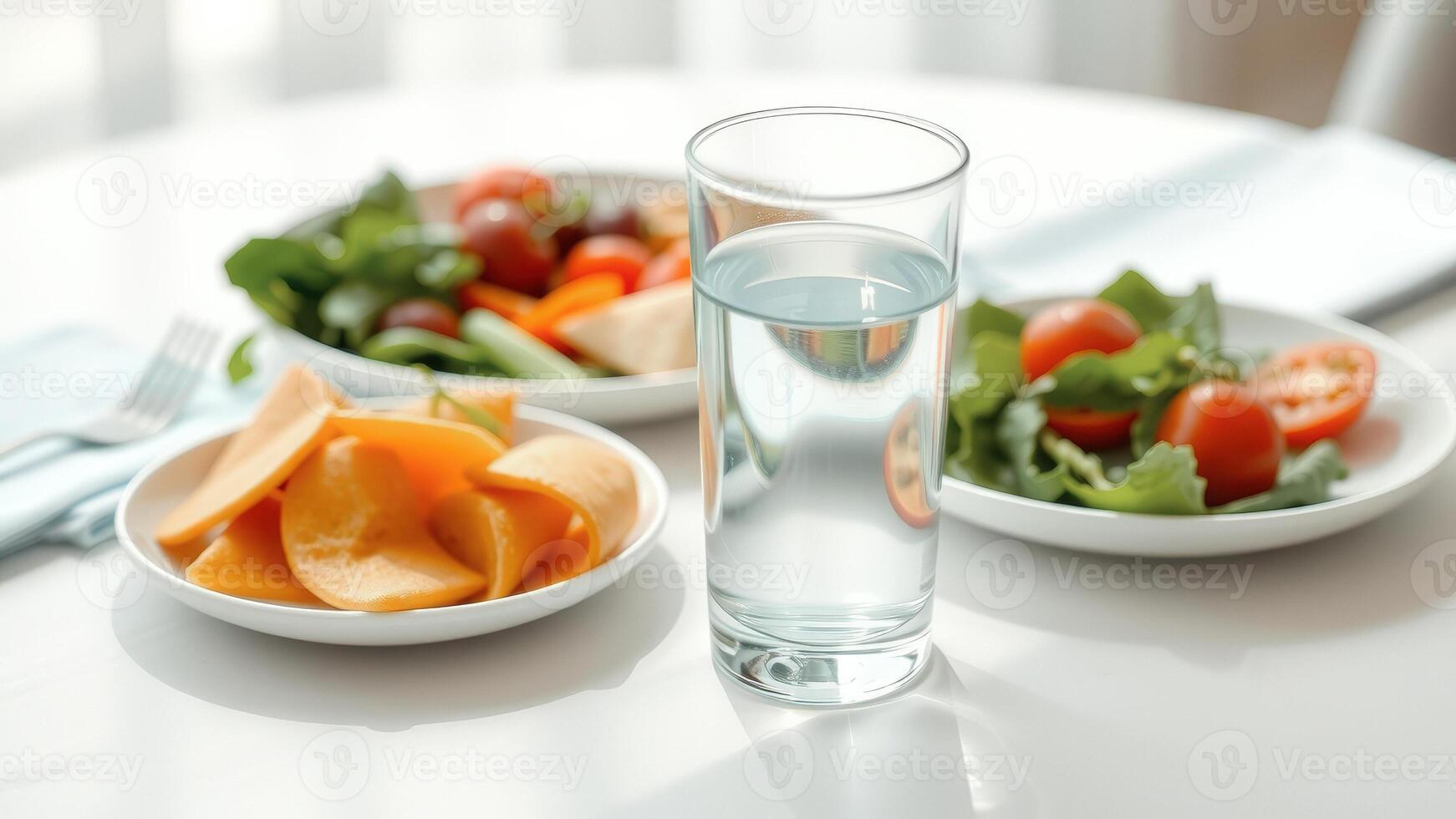 Glass of Water with Fruit Salad and Vegetable Salad on White Table photo