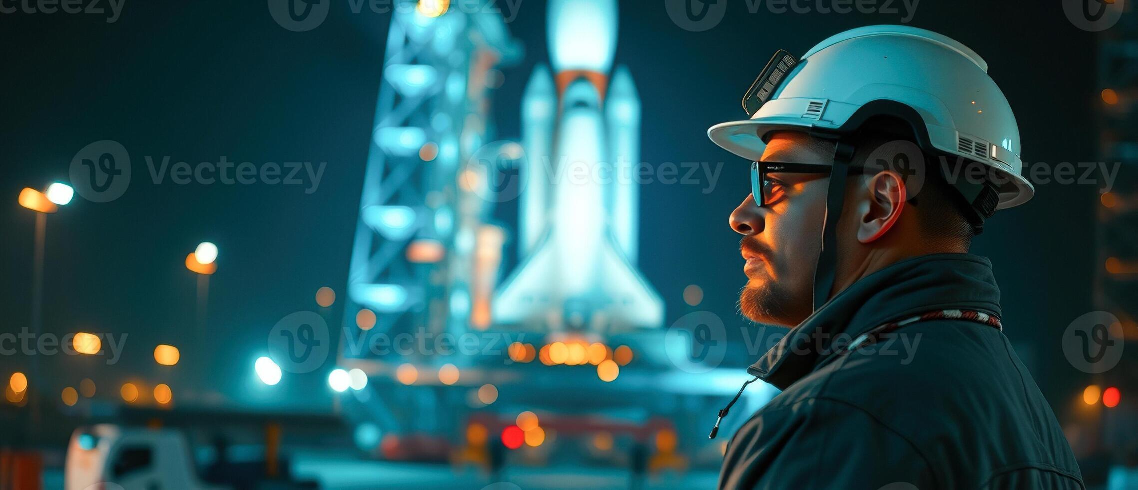 Man Looking Up at Rocket Launch photo