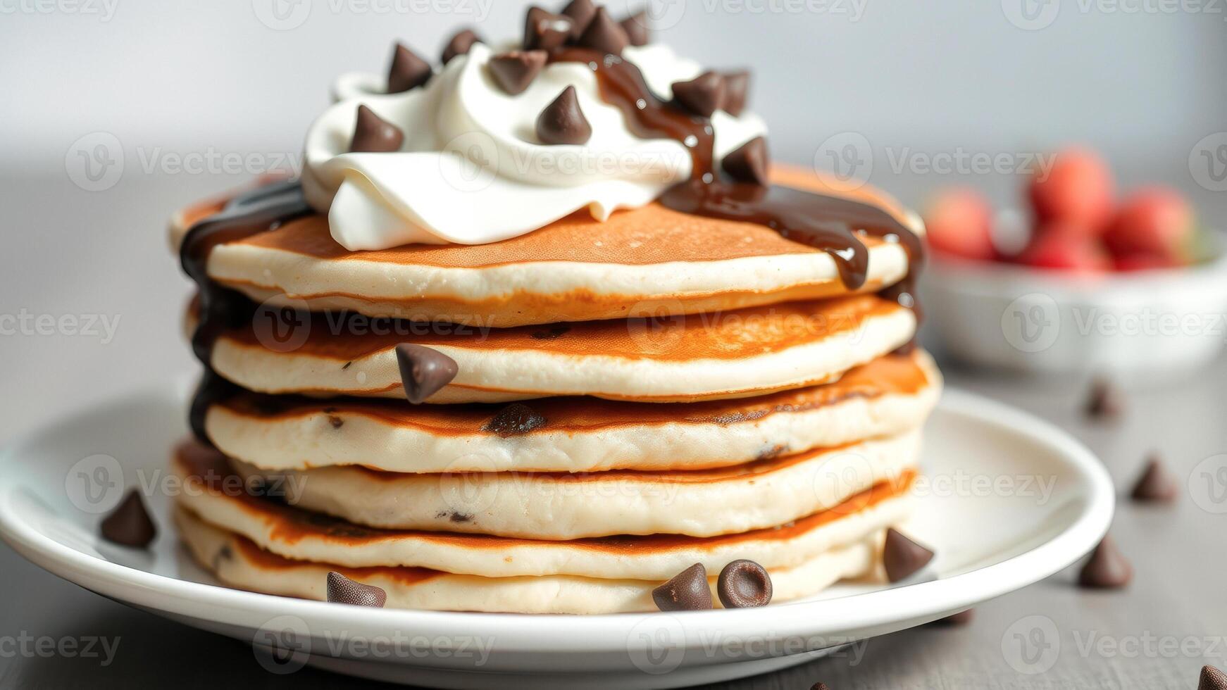 Stack of Chocolate Chip Pancakes with Whipped Cream and Chocolate Sauce photo