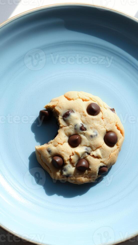 A Bite of Chocolate Chip Cookie on a Blue Plate photo