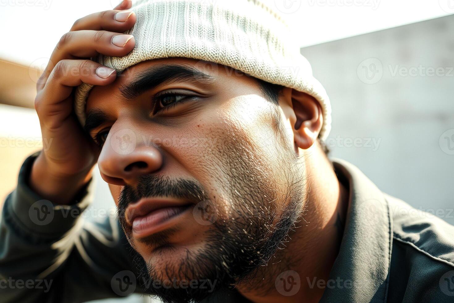 Close-up portrait of a young man with a beard and a knitted hat photo
