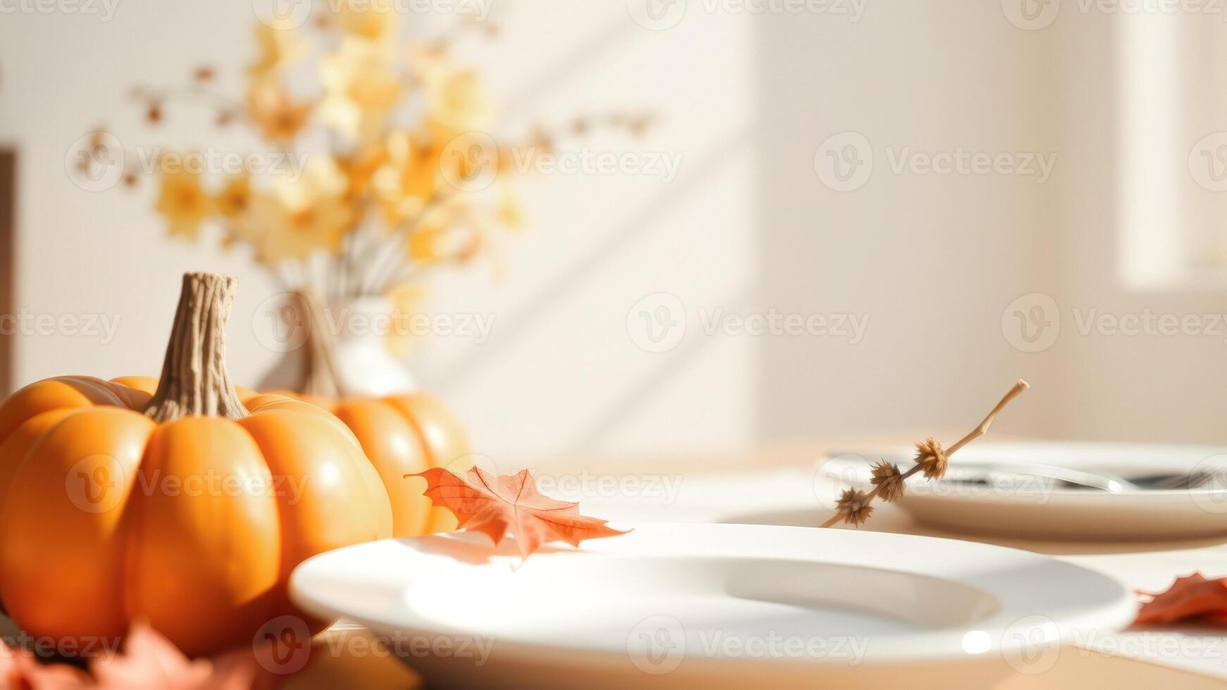 Autumn Table Setting with Pumpkins and Maple Leaf photo