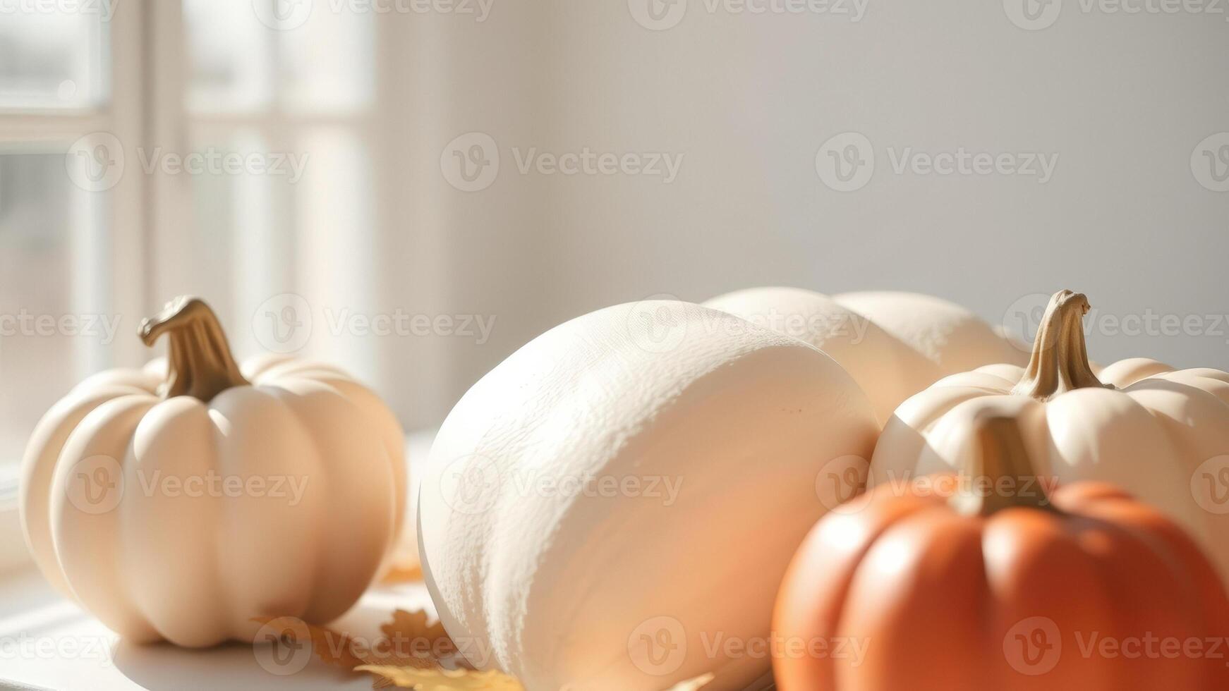 White pumpkins with orange pumpkin on table photo