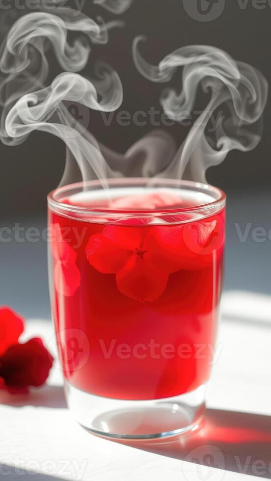 Steaming Red Drink with Flower Petals photo