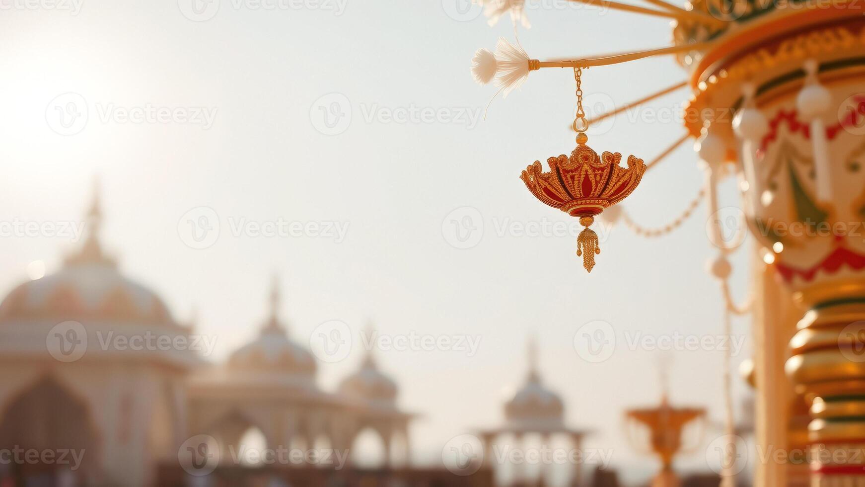 Ornate Decoration Hanging in Front of Blurred Temple Structures photo