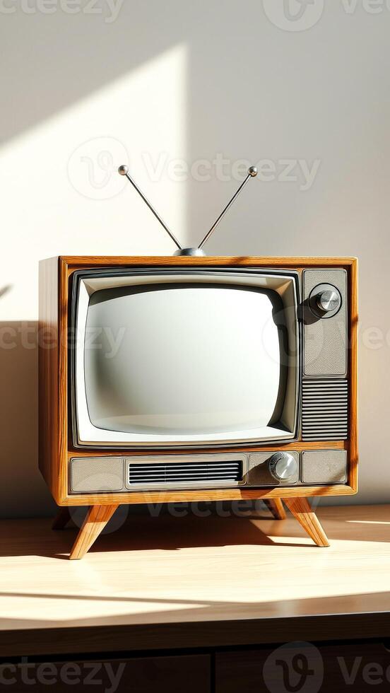 Vintage Television with Antenna on Wooden Table photo