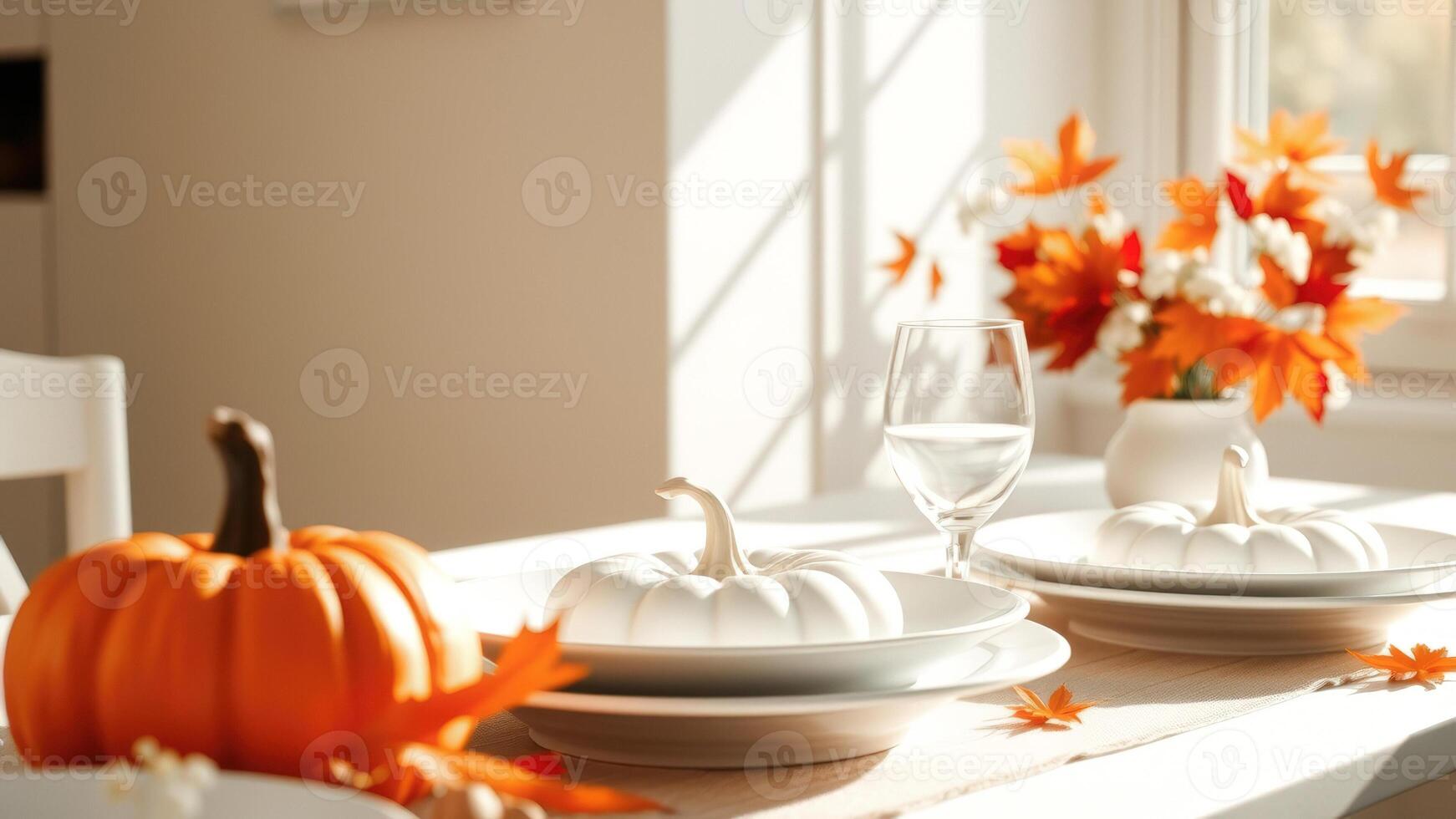 Autumn Table Setting with Pumpkins and Maple Leaves photo