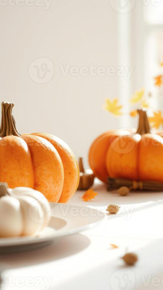 Pumpkins and Fall Leaves on a White Table photo