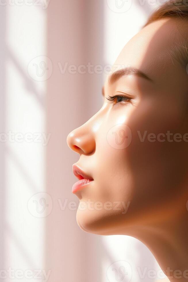 Close-up of a Woman's Face with Sunlit Skin photo