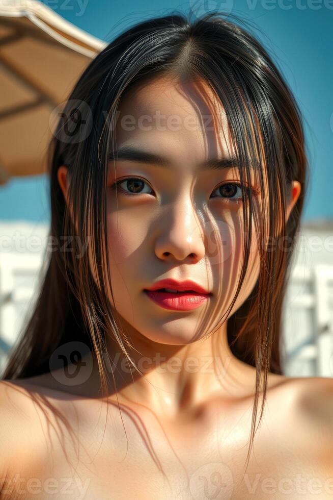 Beautiful Asian woman with long black hair photo