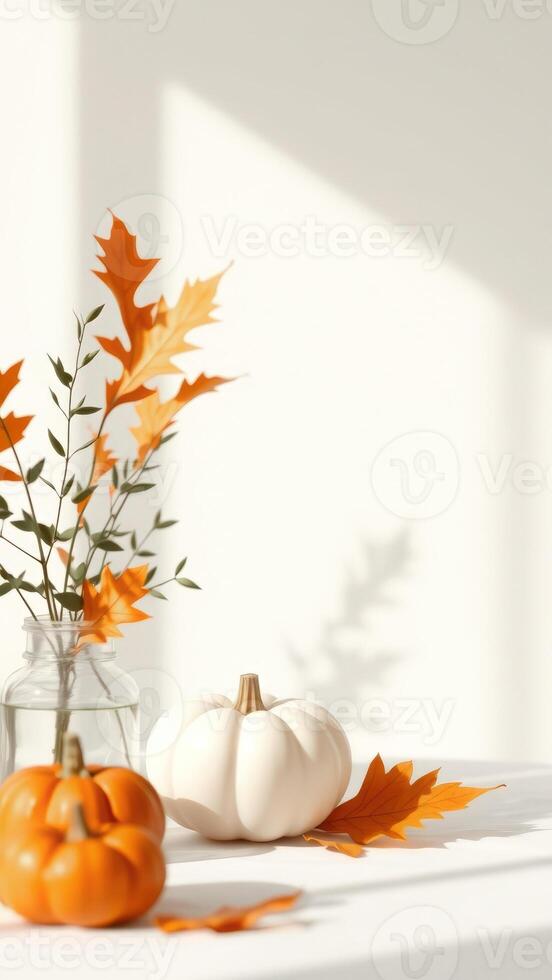 White Pumpkin with Fall Leaves in Jar on White Background photo