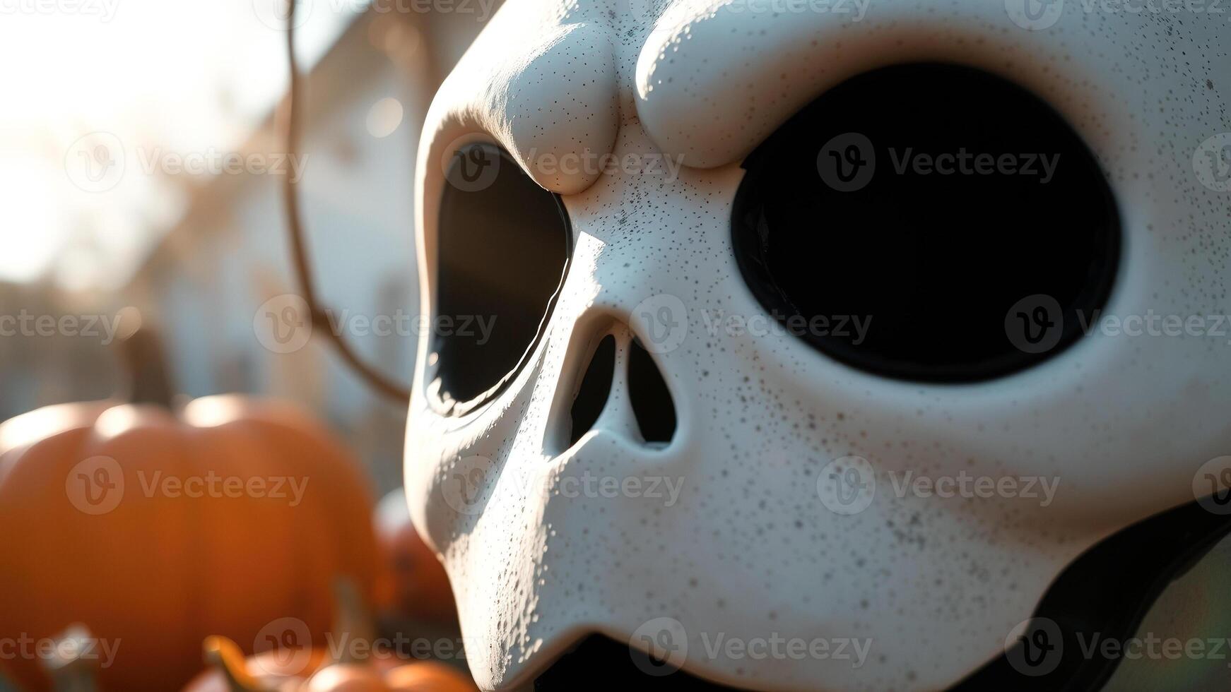 Closeup of a White Skull Mask with Black Eye Sockets photo