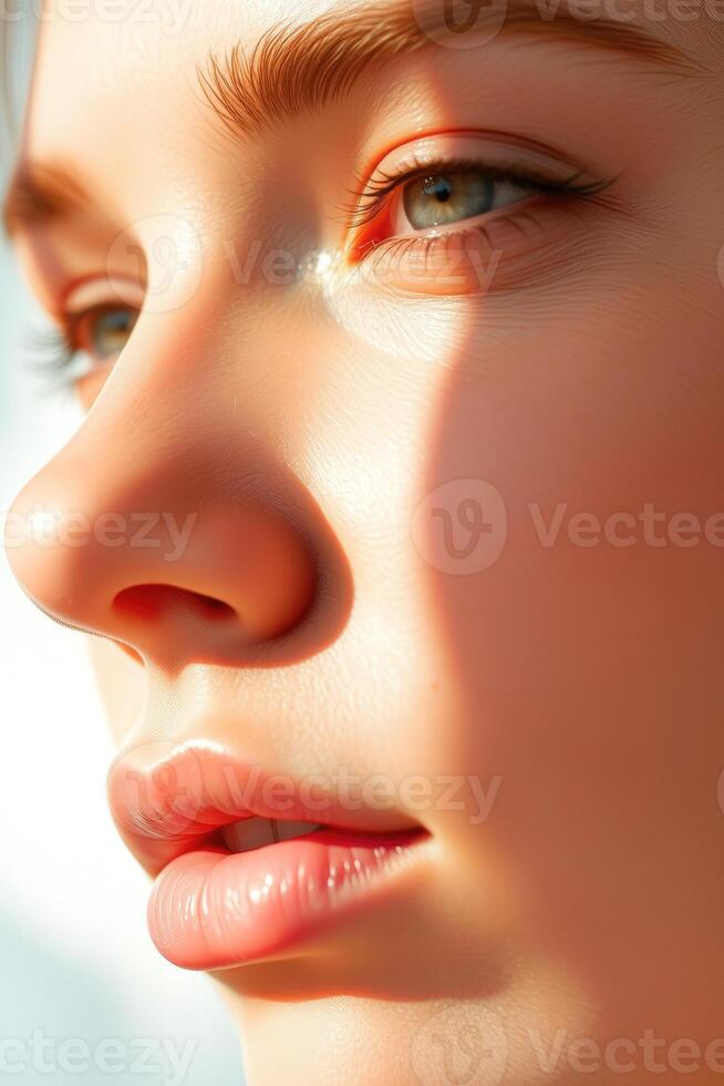 Close up of female eye and nose, beauty, skin, face, lips, light, soft, delicate photo