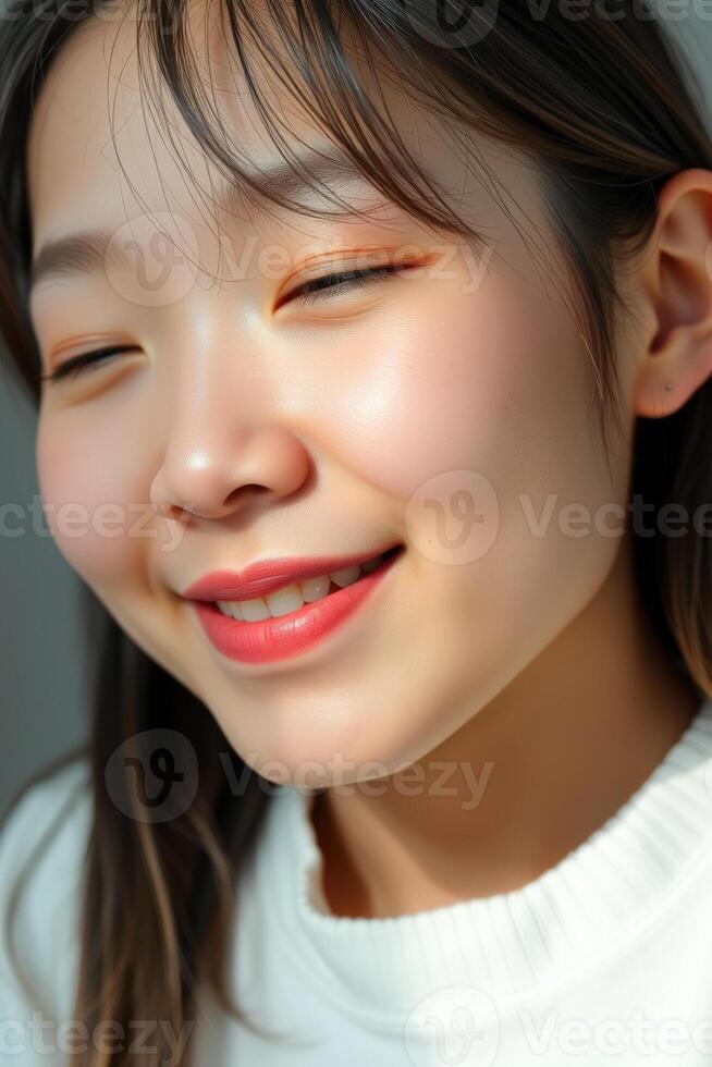 Portrait of a Smiling Young Woman with Closed Eyes photo