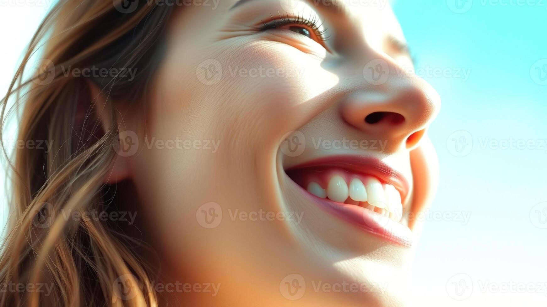 Close-up of a woman's smiling face against a blue sky photo