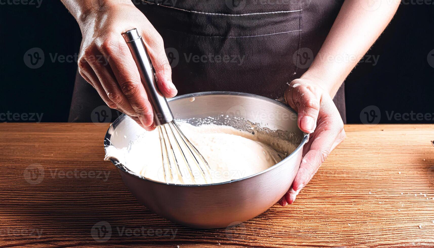 Close-up of Hands Mixing Cream in a Bowl with a Whisk photo